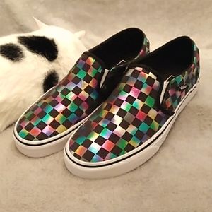 Vans metallic rainbow checkerboard slip on sneakers.